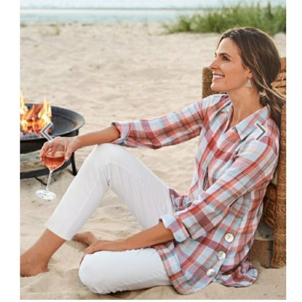 Soft Surroundings Plaid Button-Down Shirt - Pink and Blue
